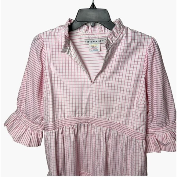 Gretchen Scott Teardrop Pink Gingham Dress Large 36" Length. Mandarin Ruffle Sli - Picture 3 of 5